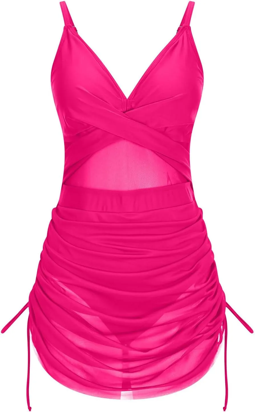 Women's One Piece Swimsuits 2025 Tummy Control Bathing Suits Modest Twist Front Swim Dress Slimming Mesh Swimwear