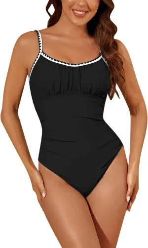Womens One Piece Swimsuits Push Up Slimming Tummy Control Bathing Suits Wave Trim Spaghetti Straps Cute Swimwear 2025