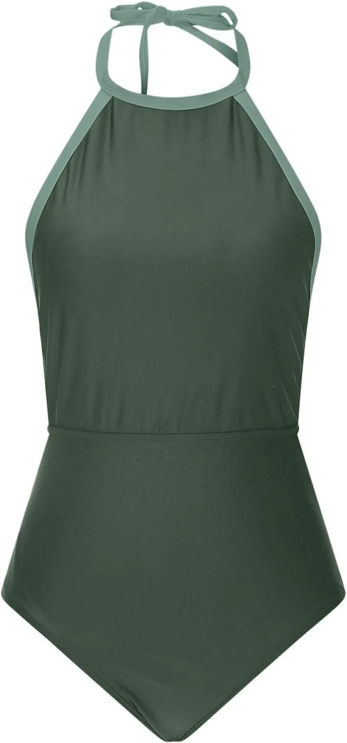 Womens One Piece Swimsuits Sexy Backless Crewneck Swimwear Tummy Control Color Block Halter Beach Bathing Suits