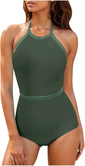 Womens One Piece Swimsuits Sexy Backless Crewneck Swimwear Tummy Control Color Block Halter Beach Bathing Suits