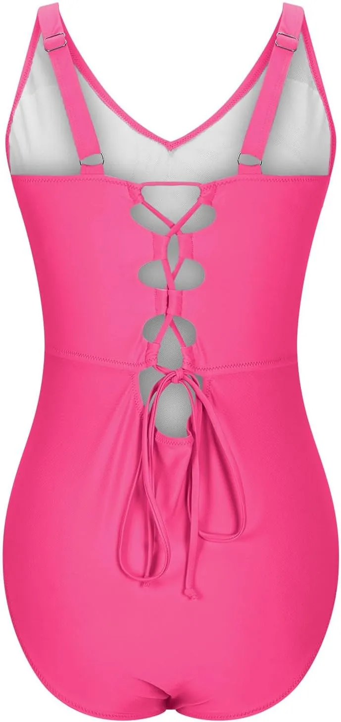 Womens One Piece Swimsuits Tummy Control Bathing Suit Solid Color Swimwear Backless Swimsuits Modest Bathing Suit