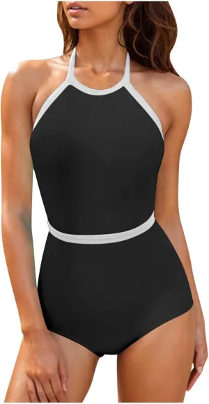 Womens One Piece Swimsuits Tummy Control Bathing Suits Halter Neck Swimming Suits Backless Monokini Sexy Swimwear