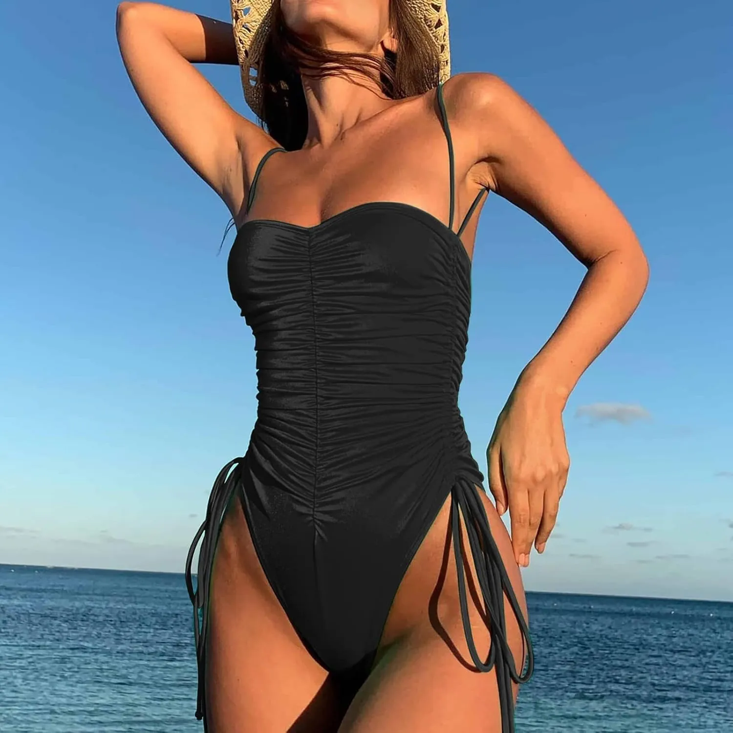 Women's One Piece Swimsuits Tummy Control High Waisted Cut Out Backless Ruched Bikini Tee Shirt Beach Vacation Clothes for