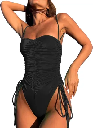 Women's One Piece Swimsuits Tummy Control High Waisted Cut Out Backless Ruched Bikini Tee Shirt Beach Vacation Clothes for