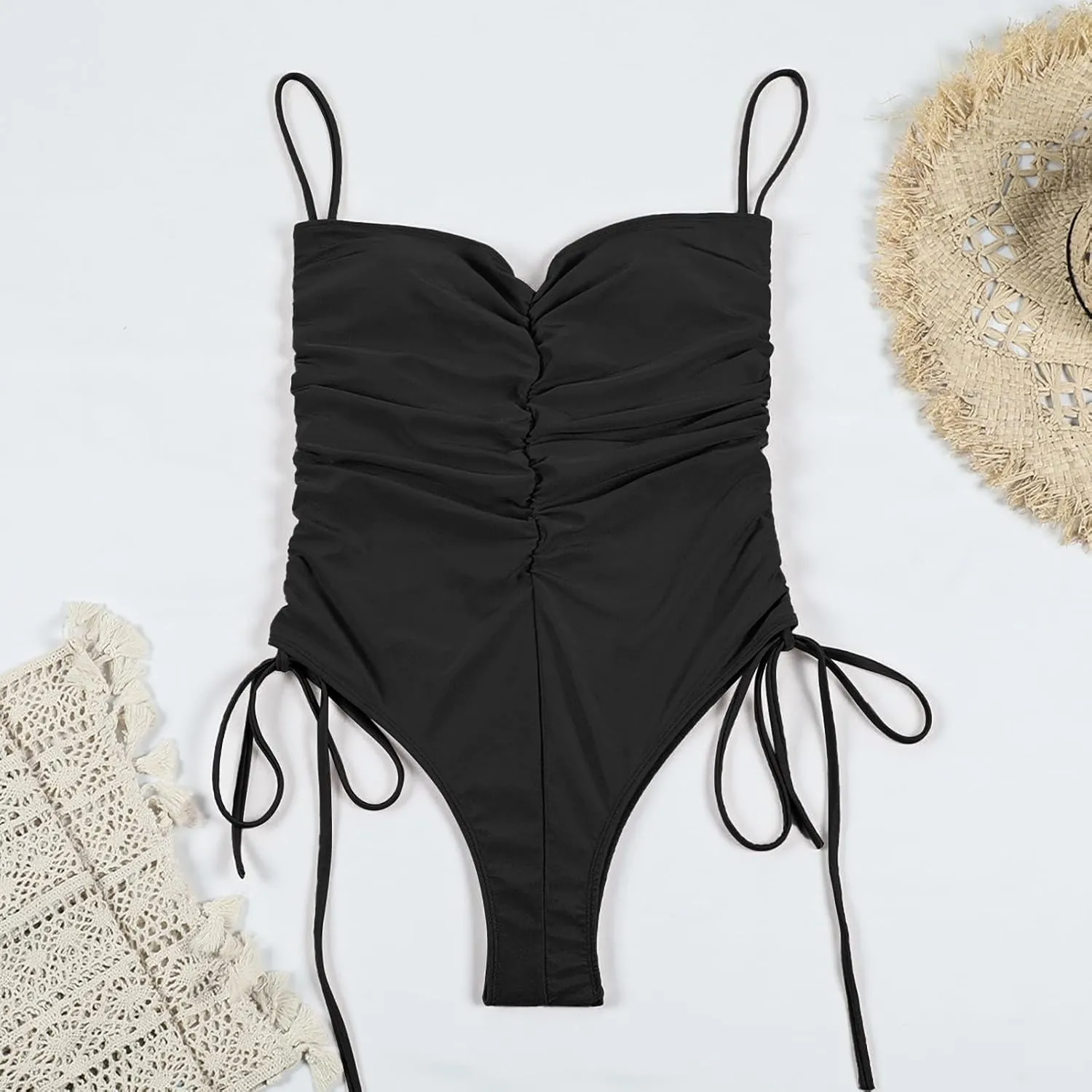 Women's One Piece Swimsuits Tummy Control High Waisted Cut Out Backless Ruched Bikini Tee Shirt Beach Vacation Clothes for