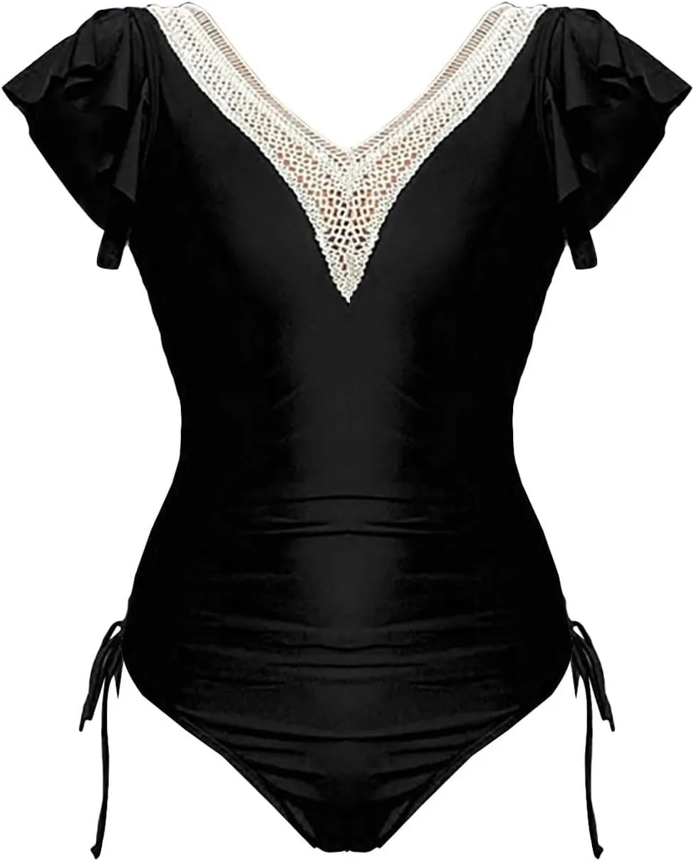 Women's One Piece Swimsuits V Neck Tummy Control Swimsuit Ruffle Sleeve Slimming Push up High Waist Bathing Suit