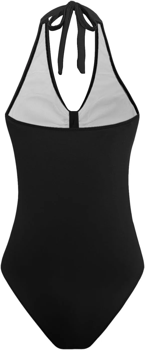 Women's Padded One Piece Swimsuits Tummy Control Bathing Suits Sexy V-Neck Halter Backless Slimming Swimwear
