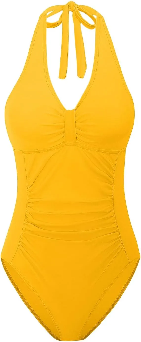 Women's Padded One Piece Swimsuits Tummy Control Bathing Suits Sexy V-Neck Halter Backless Slimming Swimwear