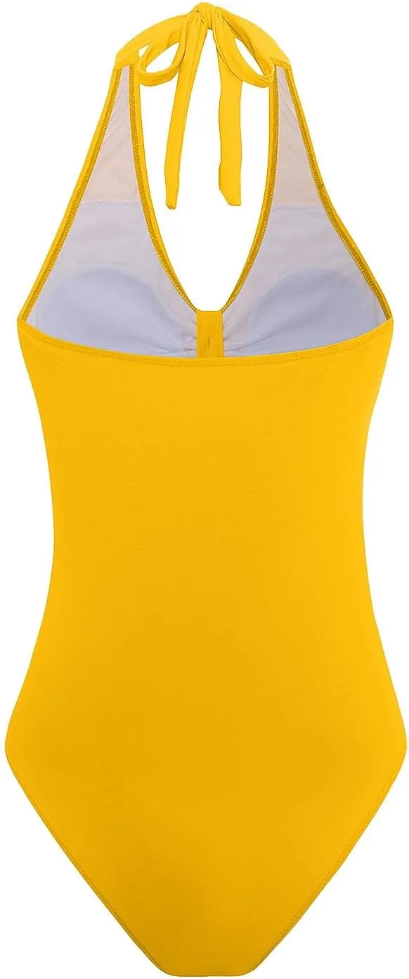 Women's Padded One Piece Swimsuits Tummy Control Bathing Suits Sexy V-Neck Halter Backless Slimming Swimwear
