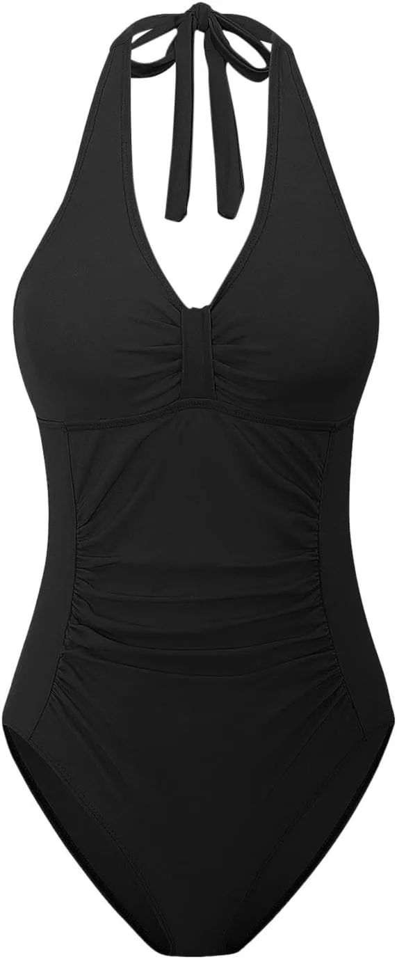 Women's Padded One Piece Swimsuits Tummy Control Bathing Suits Sexy V-Neck Halter Backless Slimming Swimwear