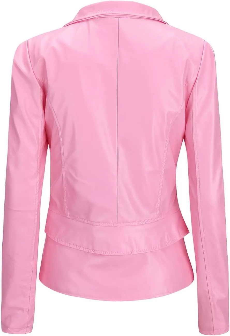 Women's Pink Sheepskin Leather Moto Jacket - Asymmetric Slim Fit Retro Biker Style with Multi-Zipper Caf Racer Design