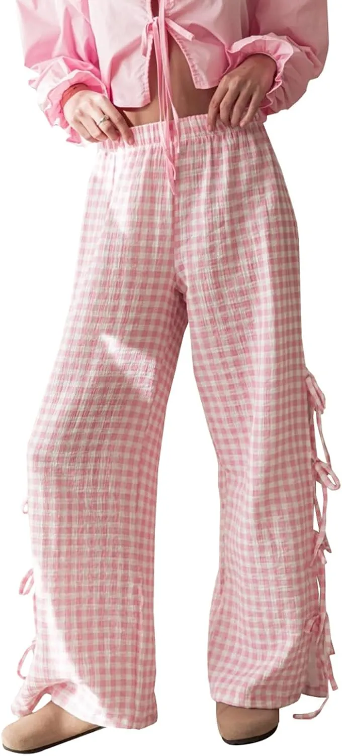 Women's Plaid Pants Y2K Gingham Pajama Bottoms Cute Bow Tie Side Slit Straight Wide Leg Lounge Trousers