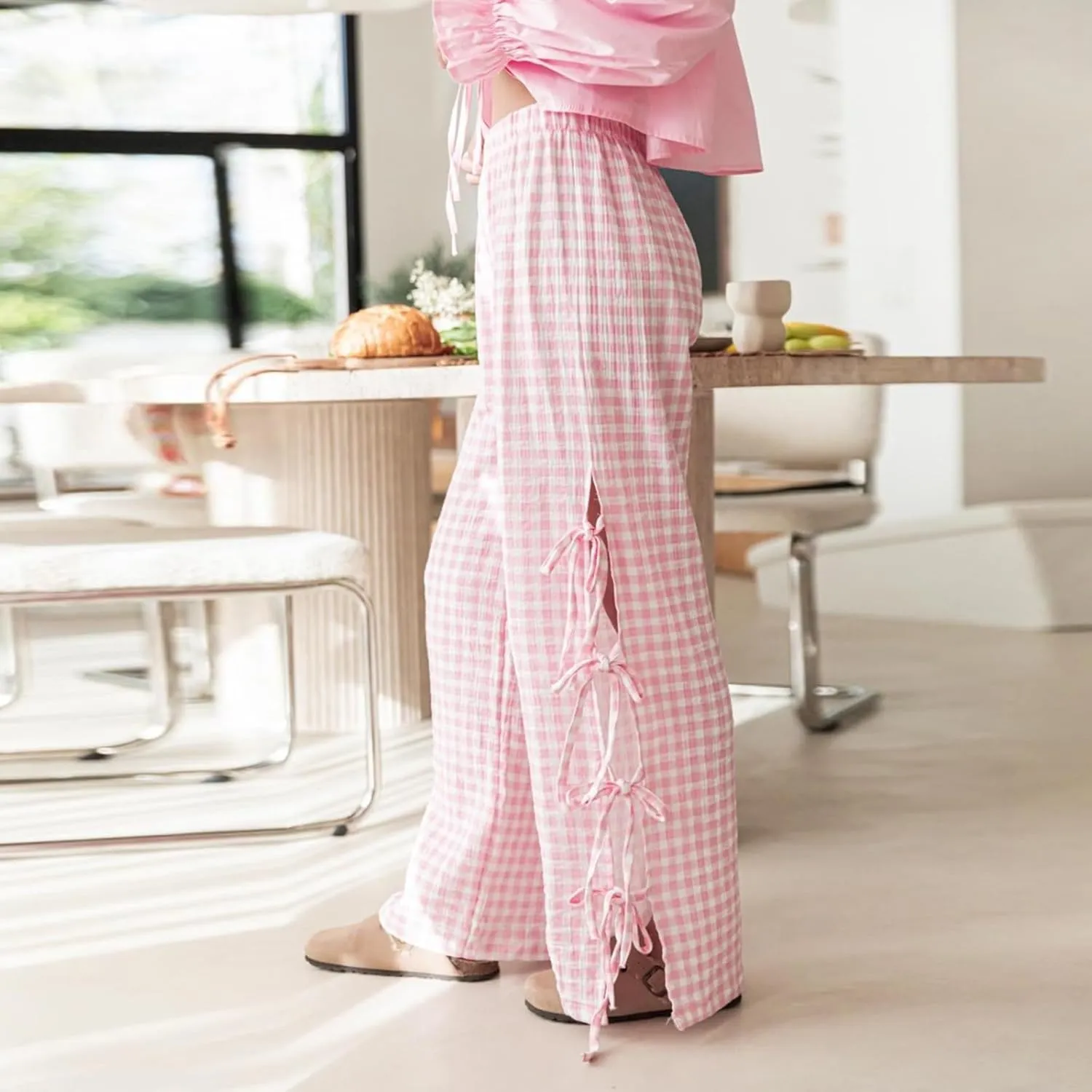 Women's Plaid Pants Y2K Gingham Pajama Bottoms Cute Bow Tie Side Slit Straight Wide Leg Lounge Trousers