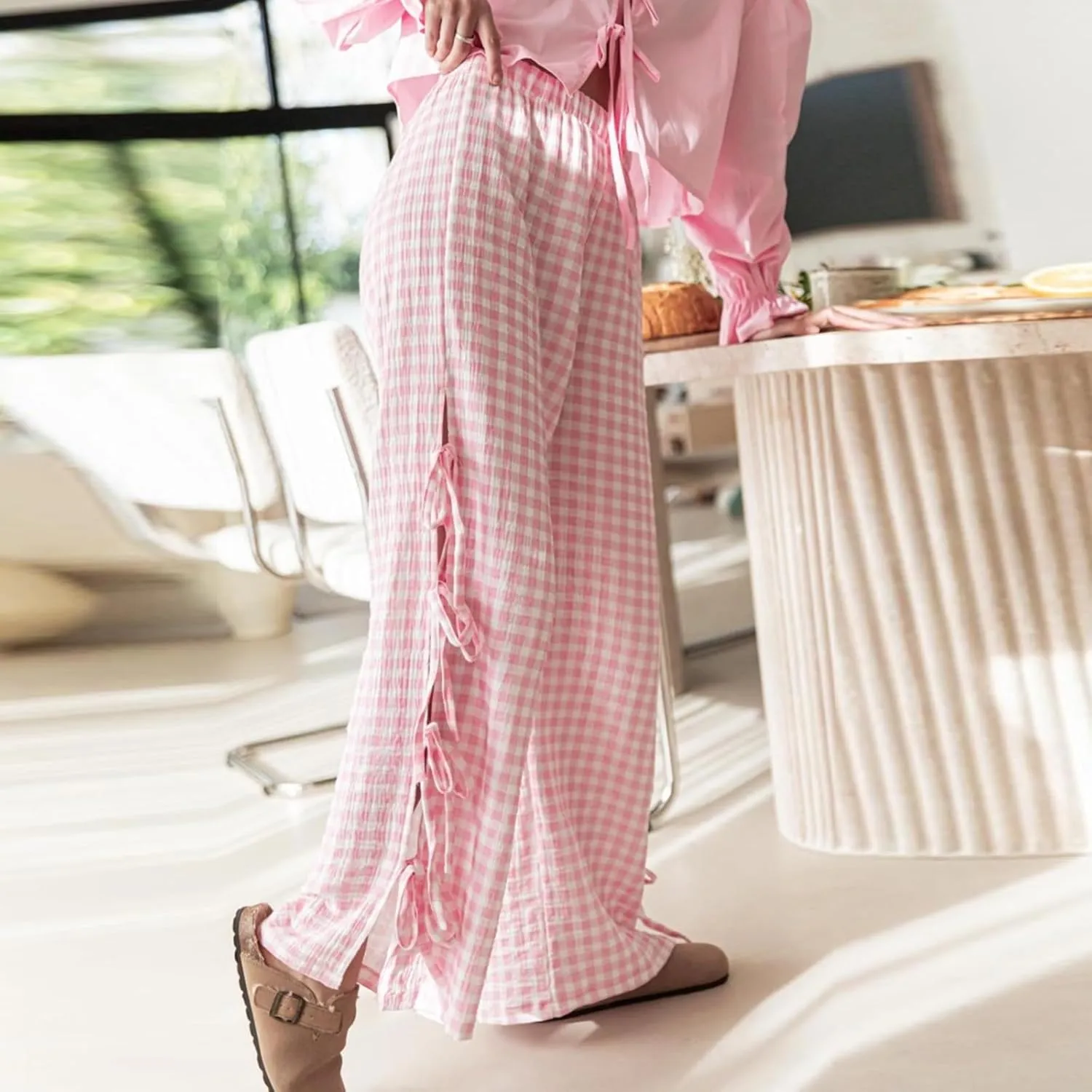 Women's Plaid Pants Y2K Gingham Pajama Bottoms Cute Bow Tie Side Slit Straight Wide Leg Lounge Trousers