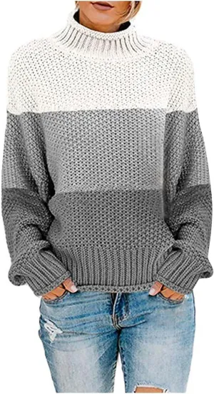 Women's Plus Size 2024 Turtleneck Color Block Long Sleeve Loose Oversized Chunky Knitted Pullover Sweater Jumper Tops