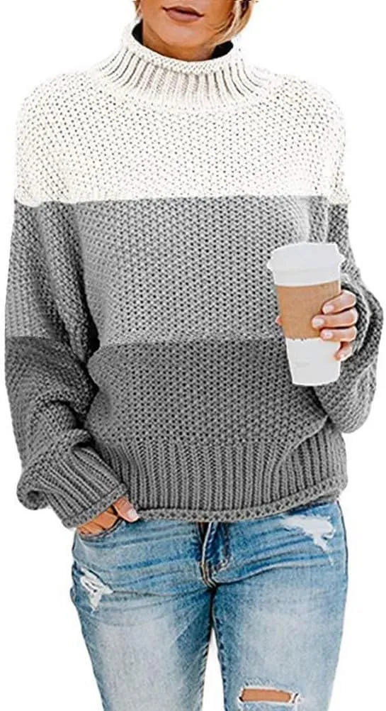 Women's Plus Size 2024 Turtleneck Color Block Long Sleeve Loose Oversized Chunky Knitted Pullover Sweater Jumper Tops