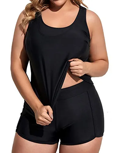 Women's Plus Size 3 Piece Tankini Swimsuit Athletic Bathing Suit With Boy Shorts-Black