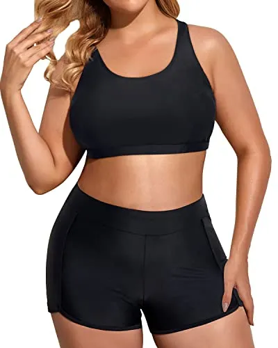 Women's Plus Size 3 Piece Tankini Swimsuit Athletic Bathing Suit With Boy Shorts-Black