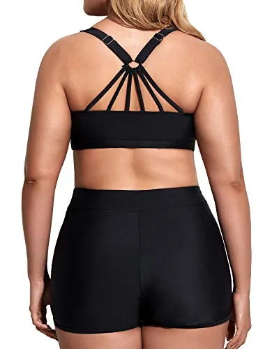 Women's Plus Size 3 Piece Tankini Swimsuit Athletic Bathing Suit With Boy Shorts-Black