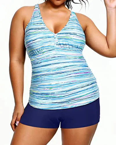 Women's Plus Size Adjustable Shoulder Straps Tankini Swimsuit-Blue Striped