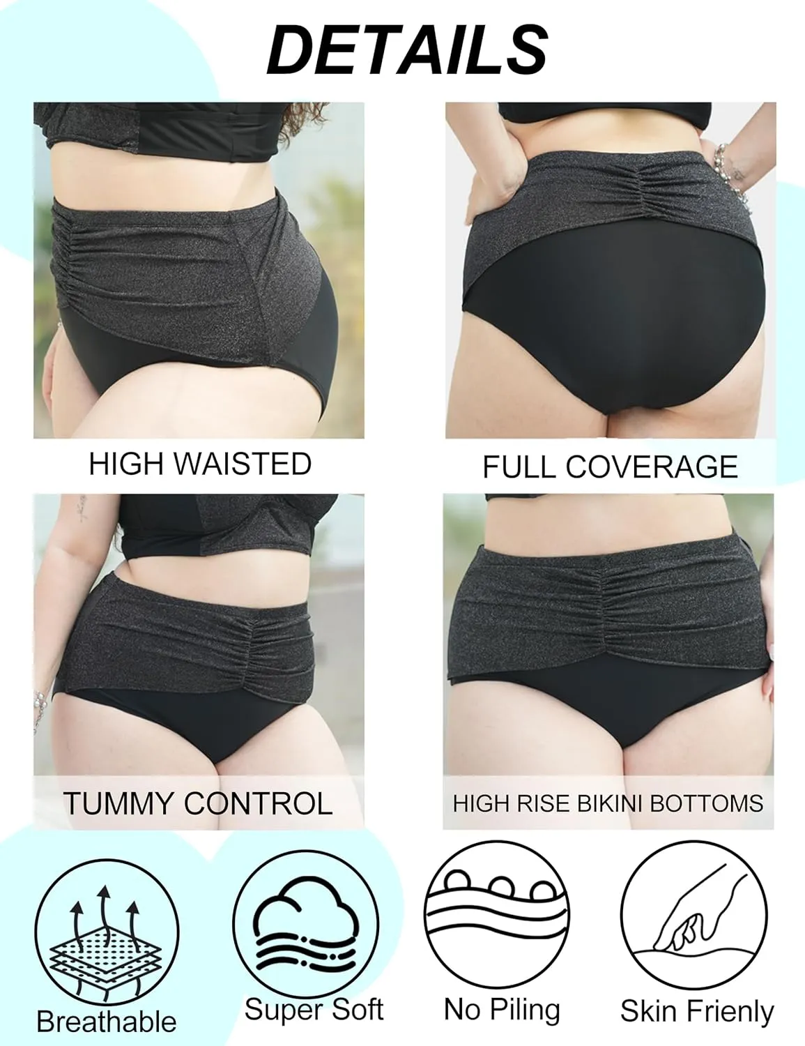 Women's Plus Size Bikini Bottoms Tummy Control Black High Waisted Swim Short Ruched Bathing Suit Bottom Only 2025