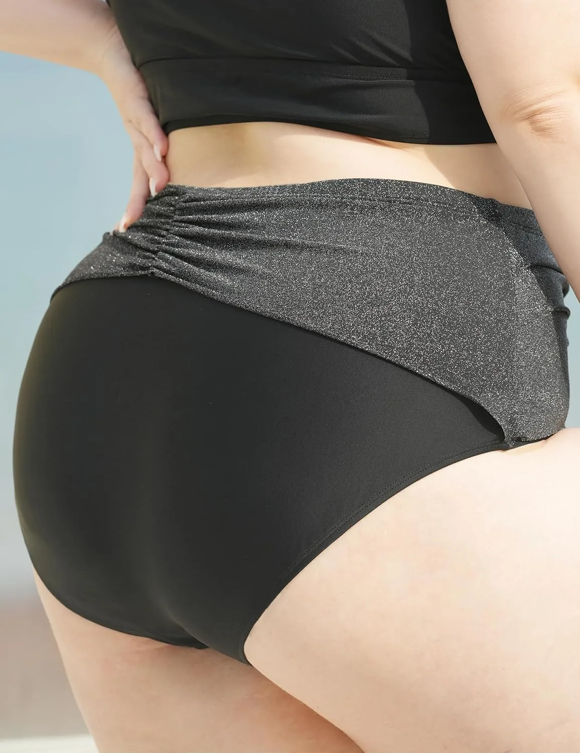 Women's Plus Size Bikini Bottoms Tummy Control Black High Waisted Swim Short Ruched Bathing Suit Bottom Only 2025