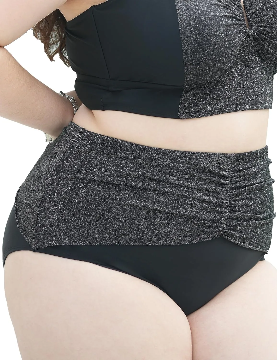 Women's Plus Size Bikini Bottoms Tummy Control Black High Waisted Swim Short Ruched Bathing Suit Bottom Only 2025