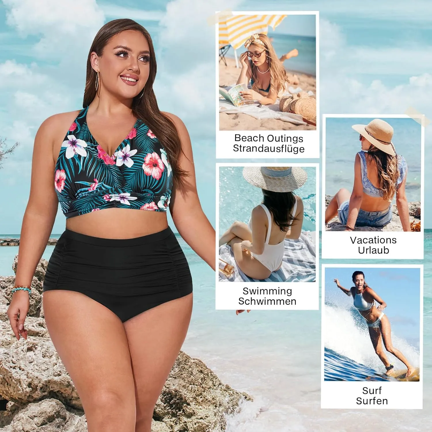 Women's Plus Size Halter V Neck Bikini Swimsuits High Waisted Ruched Tummy Control Swimwear
