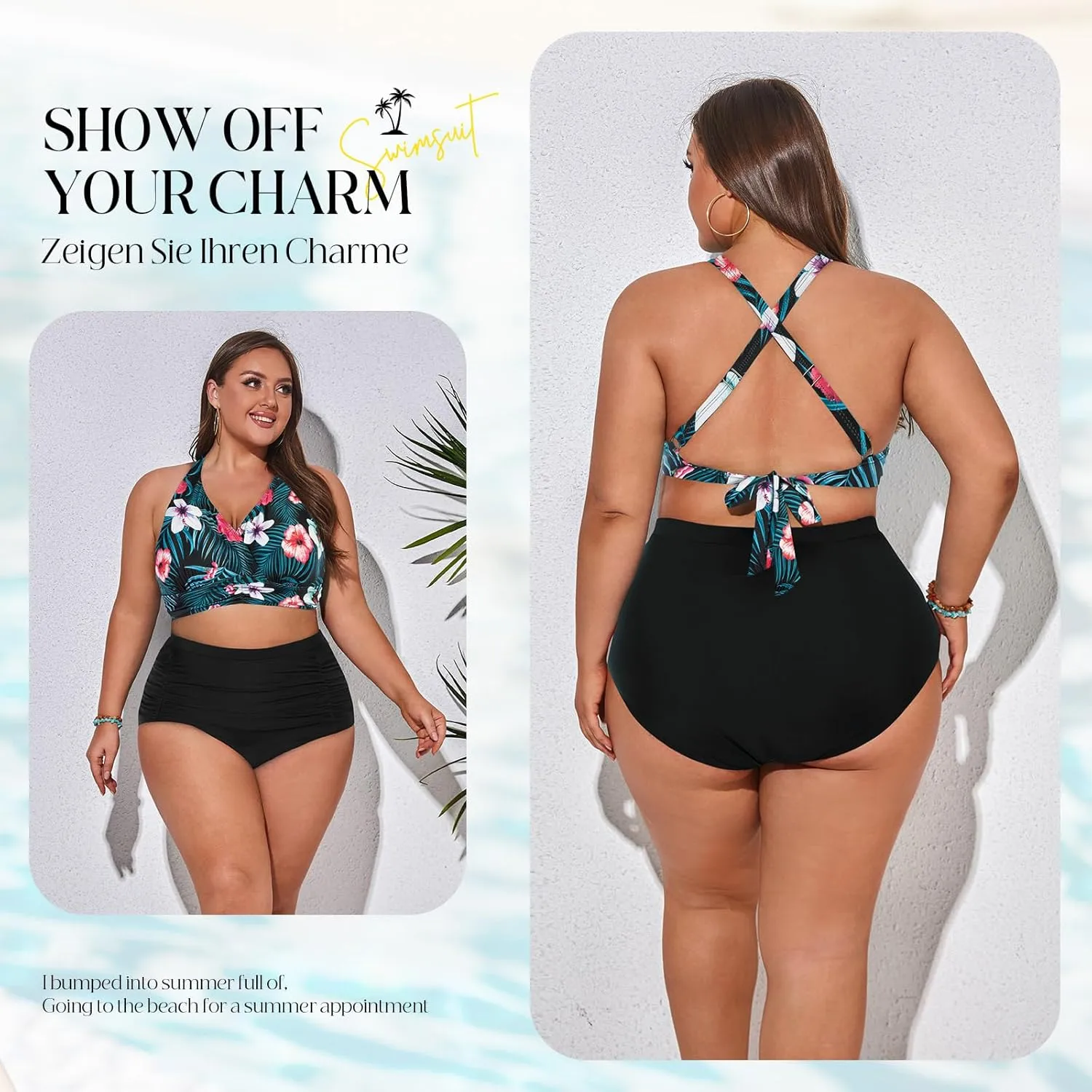 Women's Plus Size Halter V Neck Bikini Swimsuits High Waisted Ruched Tummy Control Swimwear