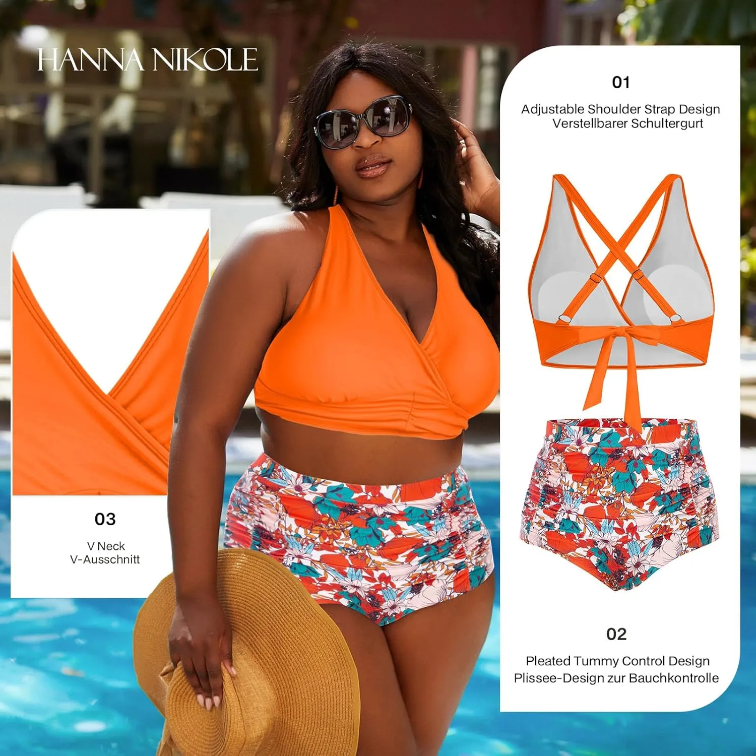 Women's Plus Size Halter V Neck Bikini Swimsuits High Waisted Ruched Tummy Control Swimwear