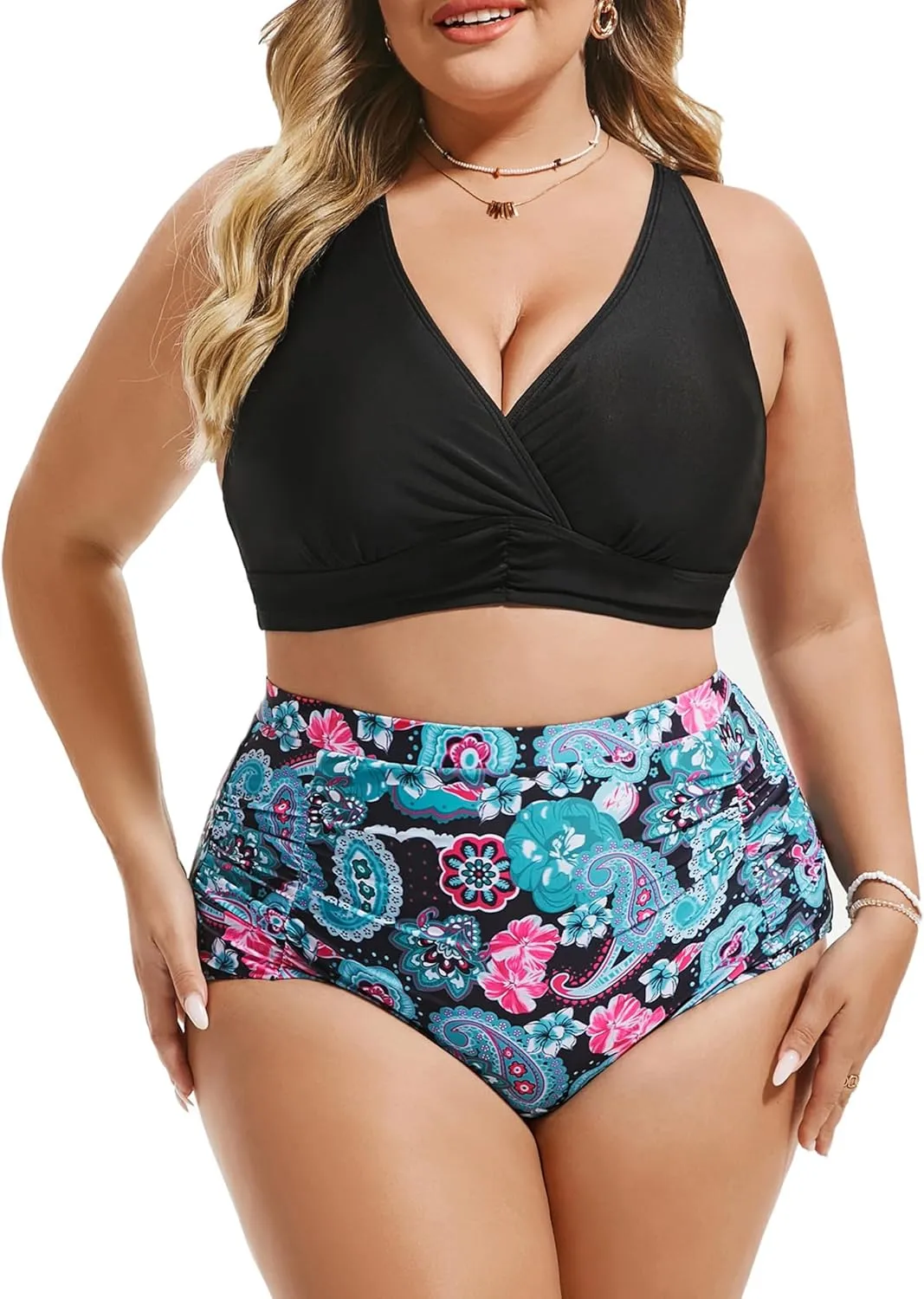 Women's Plus Size Halter V Neck Bikini Swimsuits High Waisted Ruched Tummy Control Swimwear