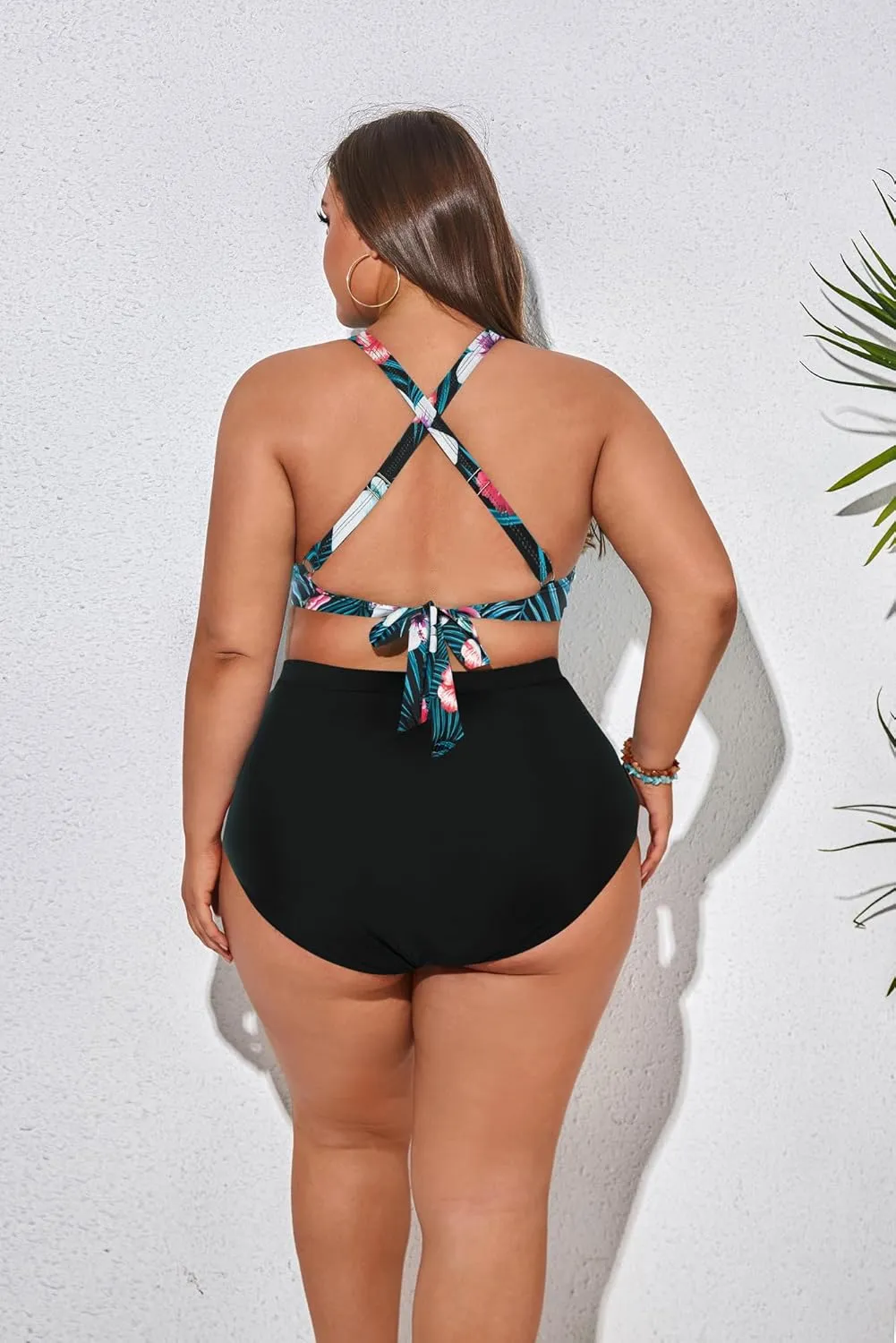 Women's Plus Size Halter V Neck Bikini Swimsuits High Waisted Ruched Tummy Control Swimwear