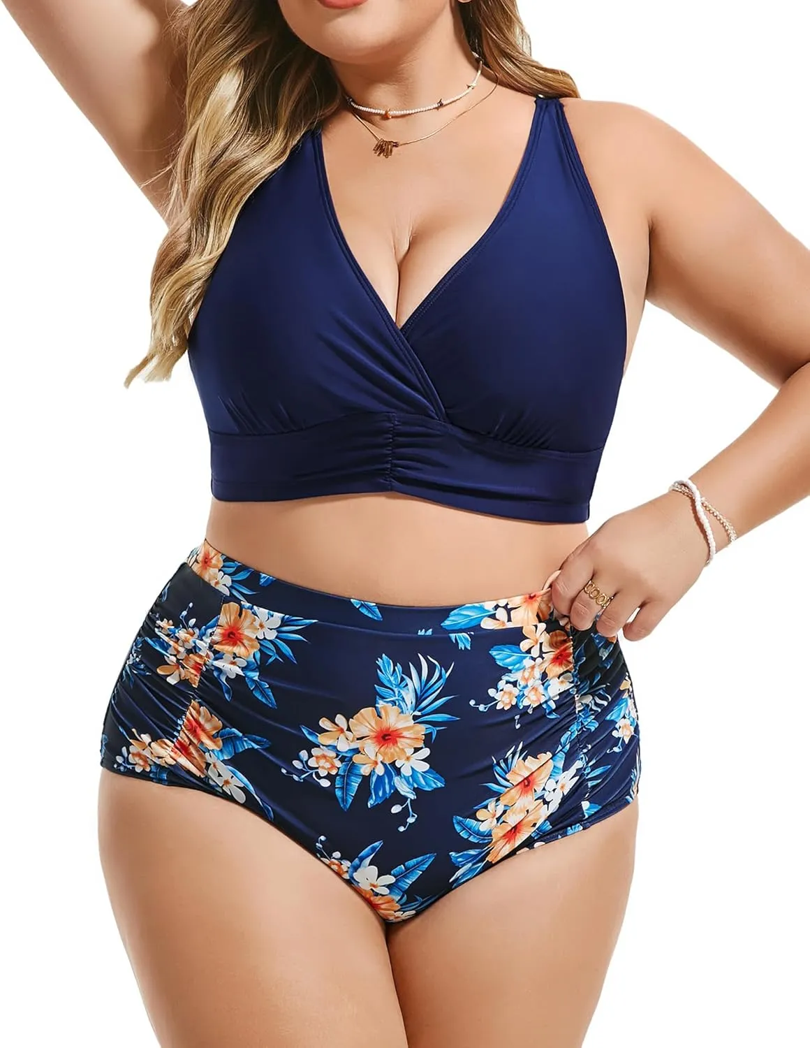 Women's Plus Size Halter V Neck Bikini Swimsuits High Waisted Ruched Tummy Control Swimwear