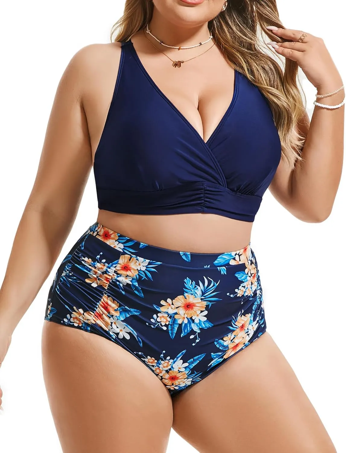 Women's Plus Size Halter V Neck Bikini Swimsuits High Waisted Ruched Tummy Control Swimwear