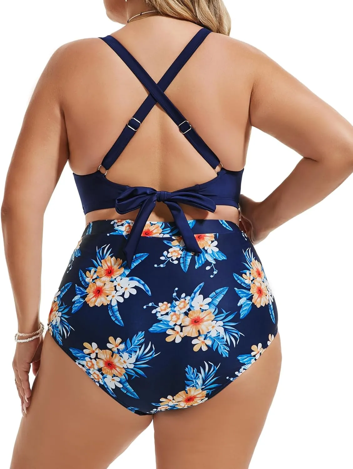 Women's Plus Size Halter V Neck Bikini Swimsuits High Waisted Ruched Tummy Control Swimwear