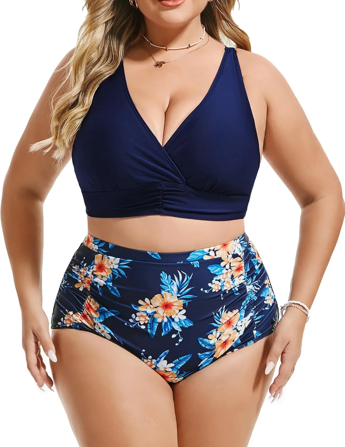 Women's Plus Size Halter V Neck Bikini Swimsuits High Waisted Ruched Tummy Control Swimwear