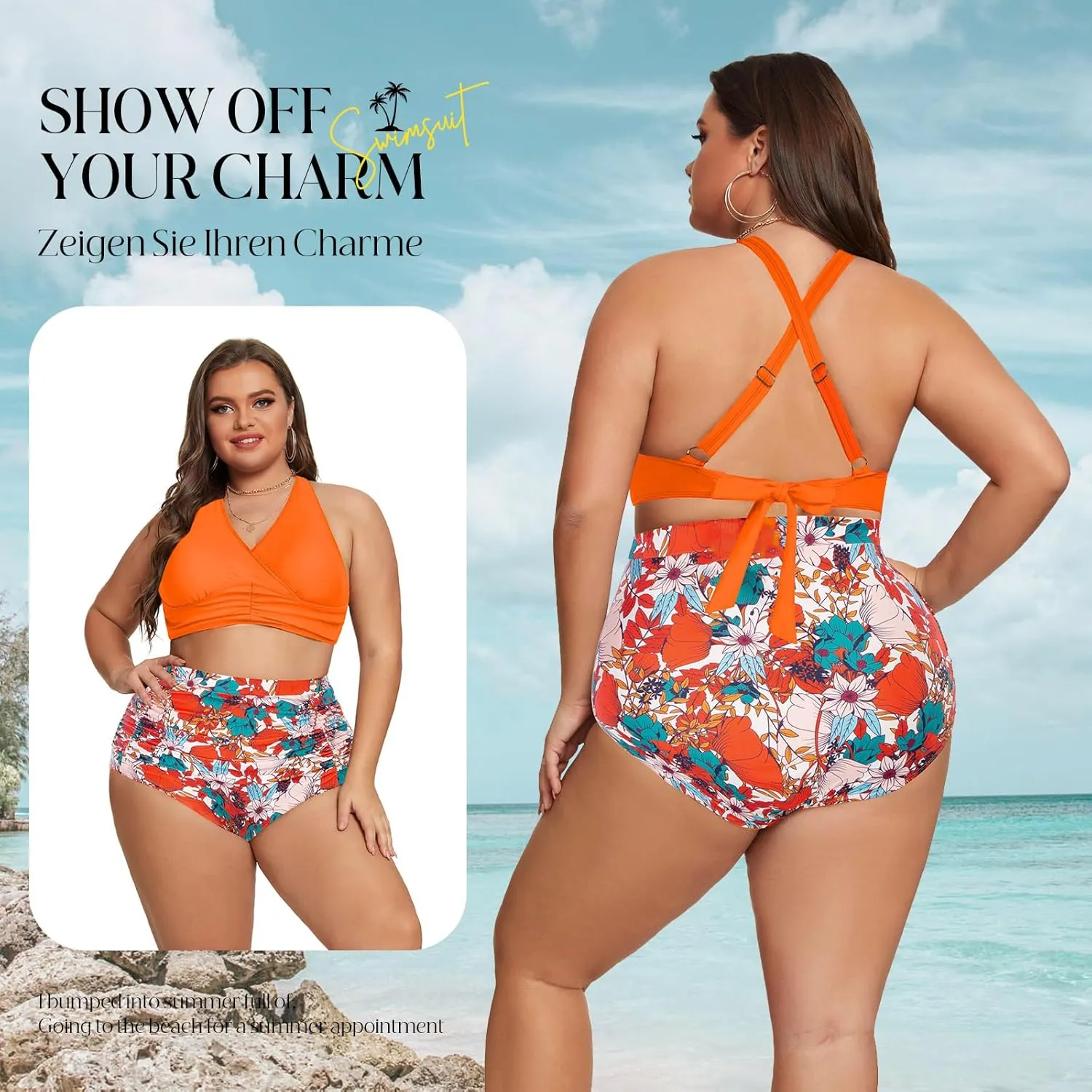 Women's Plus Size Halter V Neck Bikini Swimsuits High Waisted Ruched Tummy Control Swimwear