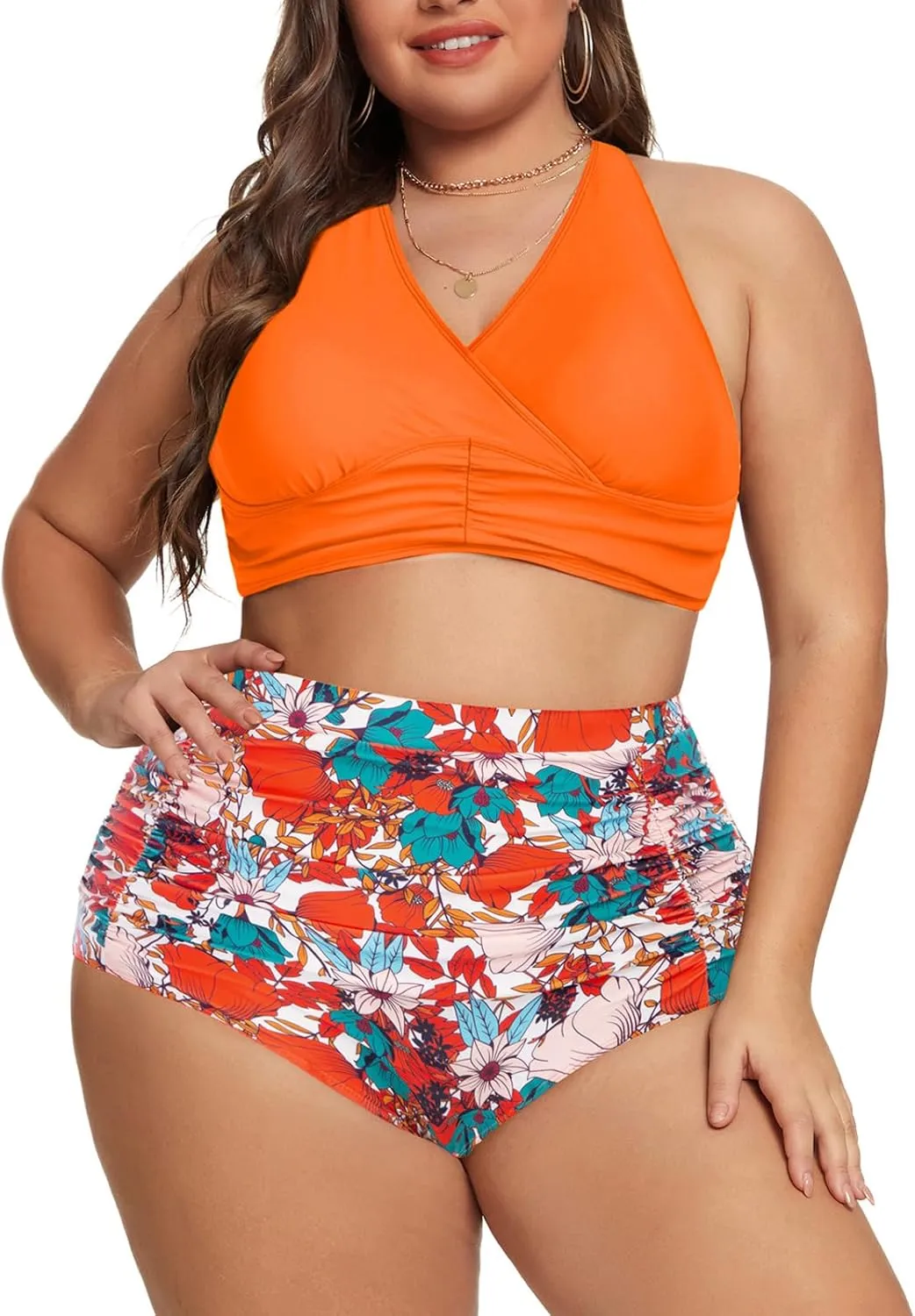 Women's Plus Size Halter V Neck Bikini Swimsuits High Waisted Ruched Tummy Control Swimwear