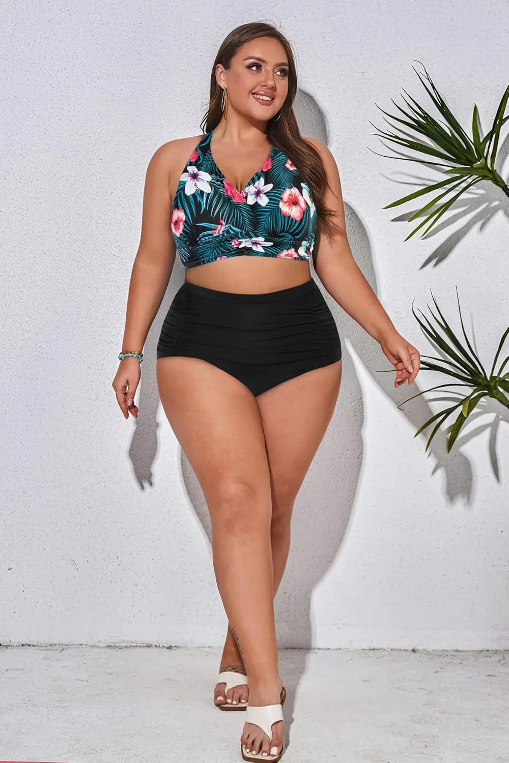 Women's Plus Size Halter V Neck Bikini Swimsuits High Waisted Ruched Tummy Control Swimwear