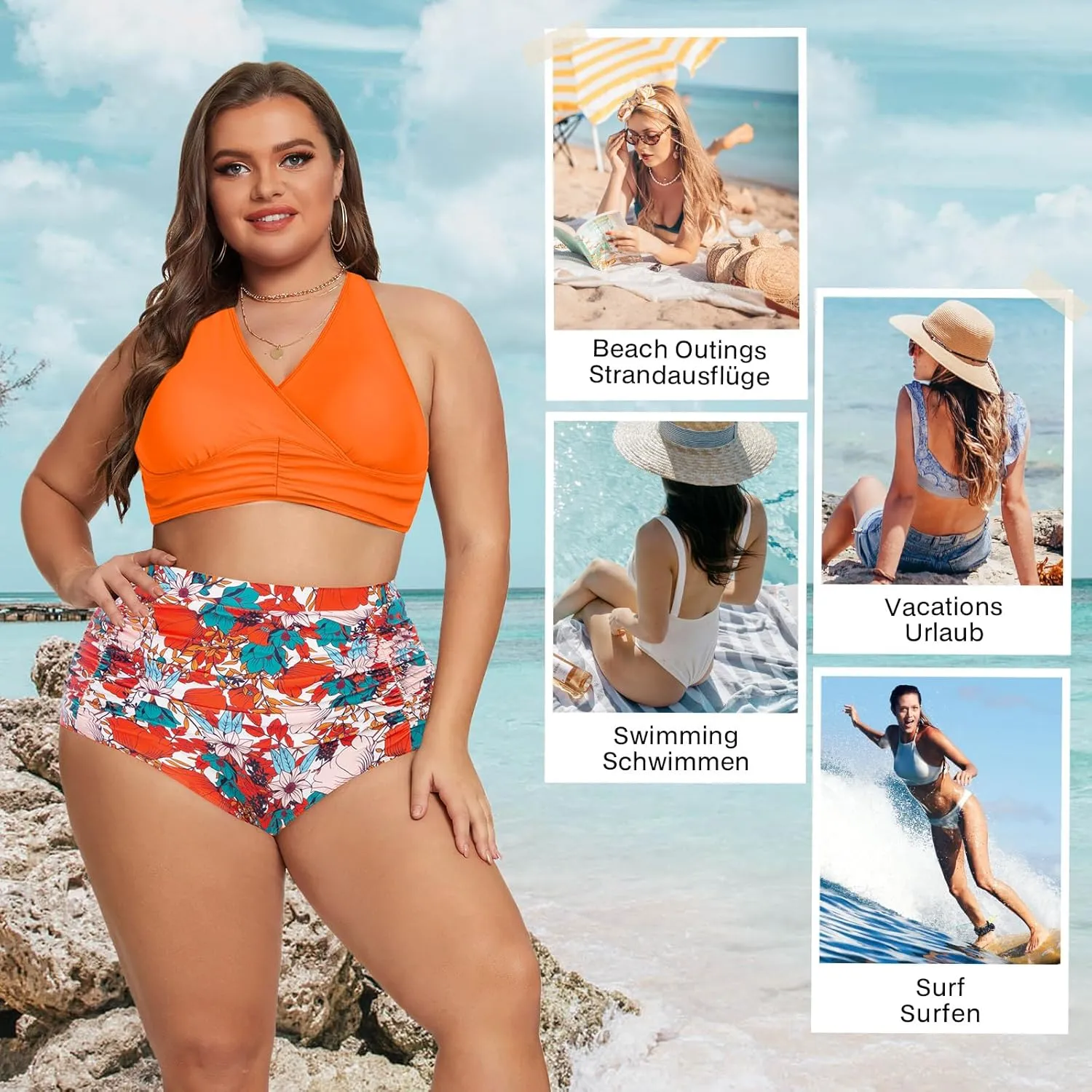 Women's Plus Size Halter V Neck Bikini Swimsuits High Waisted Ruched Tummy Control Swimwear