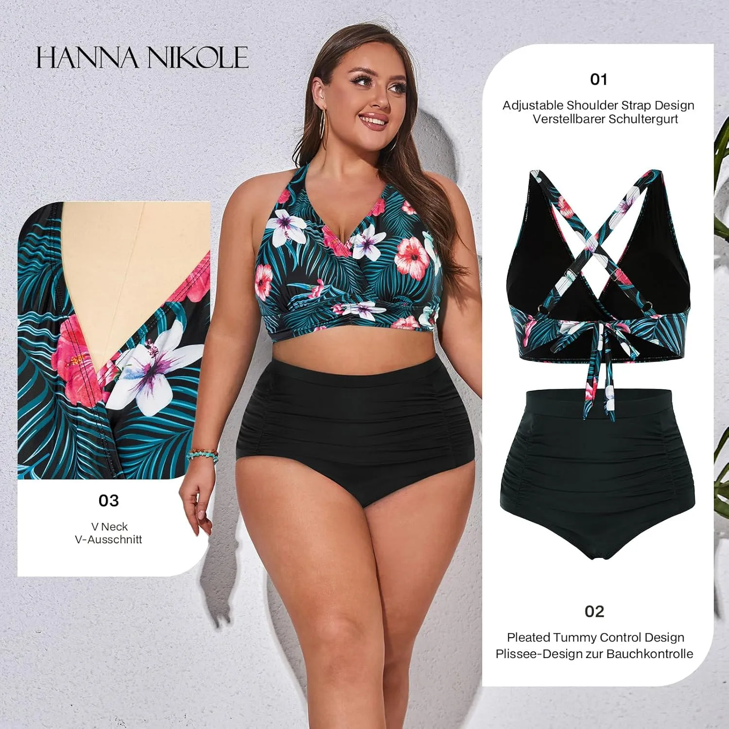 Women's Plus Size Halter V Neck Bikini Swimsuits High Waisted Ruched Tummy Control Swimwear