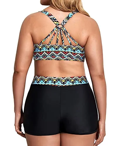 Women's Plus Size High Waisted Boy Shorts Bikini Set-Light Blue