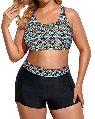 Women's Plus Size High Waisted Boy Shorts Bikini Set-Light Blue