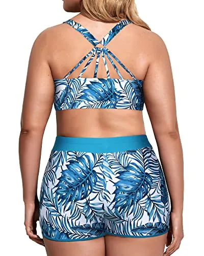 Women's Plus Size Stretchy Pro Skin Quick Drying Bikini Set-Blue Leaf