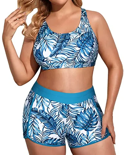 Women's Plus Size Stretchy Pro Skin Quick Drying Bikini Set-Blue Leaf