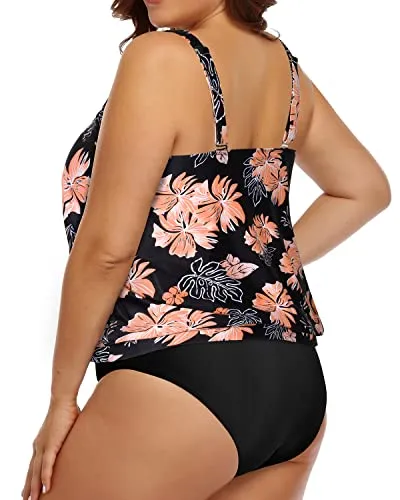 Women's Plus Size Two Piece Blouson Tankini Swimsuit-Black Orange Floral