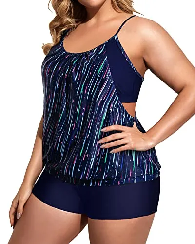 Women's Plus Size Two Piece Tankini Set Tummy Control Bathing Suits-Navy Blue
