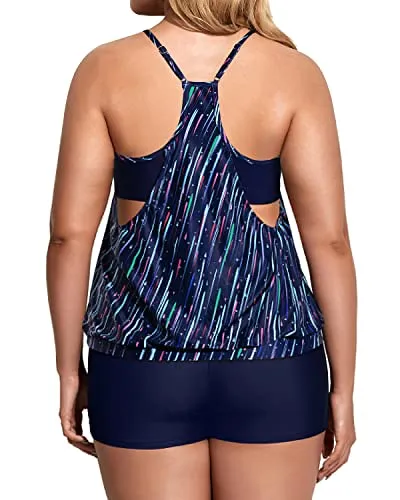 Women's Plus Size Two Piece Tankini Set Tummy Control Bathing Suits-Navy Blue