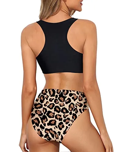 Women's Push Up Bra High Waisted Bikini For Athletic Activity-Black And Leopard