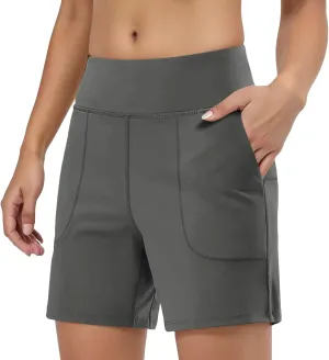 Women's Quick Dry High Waisted Swim Board Shorts Tummy Control Swimsuit Bottom Trunks Pockets Swim Tankinis Yoga Gym Briefs